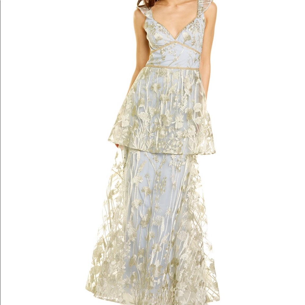 Marchesa Notte Metallic Embroidery Tiered Gown